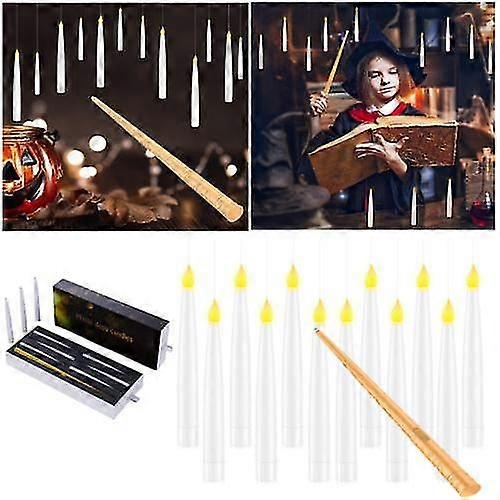 12 Pack Floating Candles With Wand Remote Control, Led Flameless Flickering Stick Candles Battery Operated Harry Potter Floating Candles For Halloween