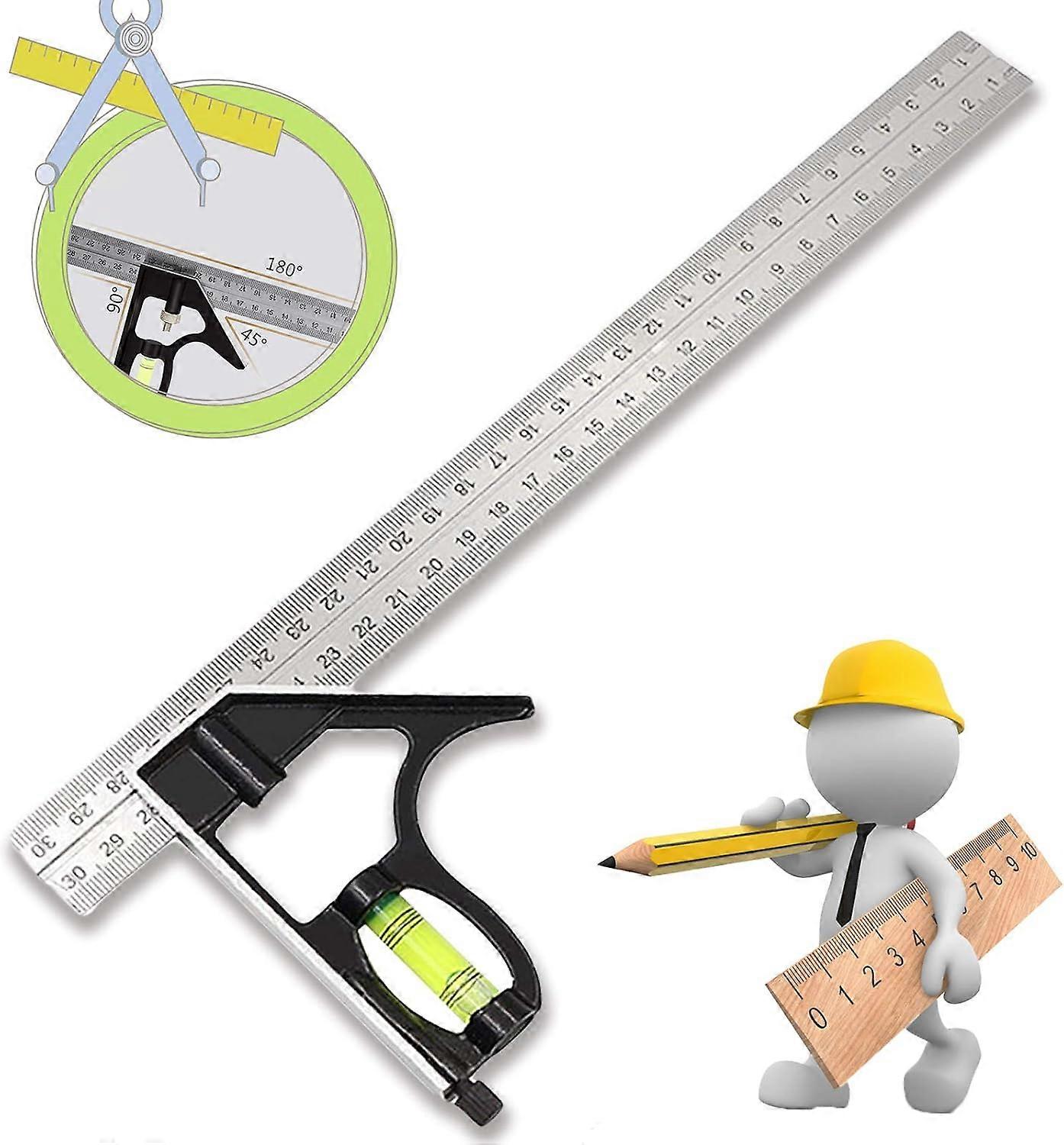 Combination Square Combination Square Adjustable Combination Angle Ruler Stainless Angle Square with Bubble Level - Professional Measuring Tool, for E