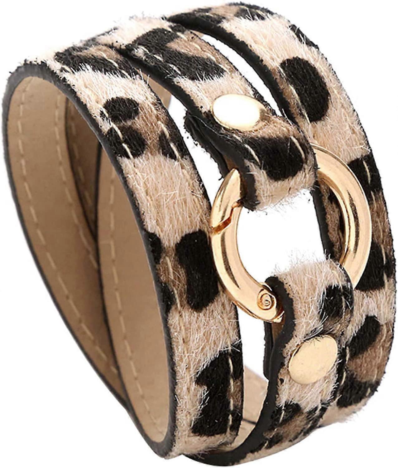 多層ワインディングヒョウリングロングフェイクレザーブレスレット