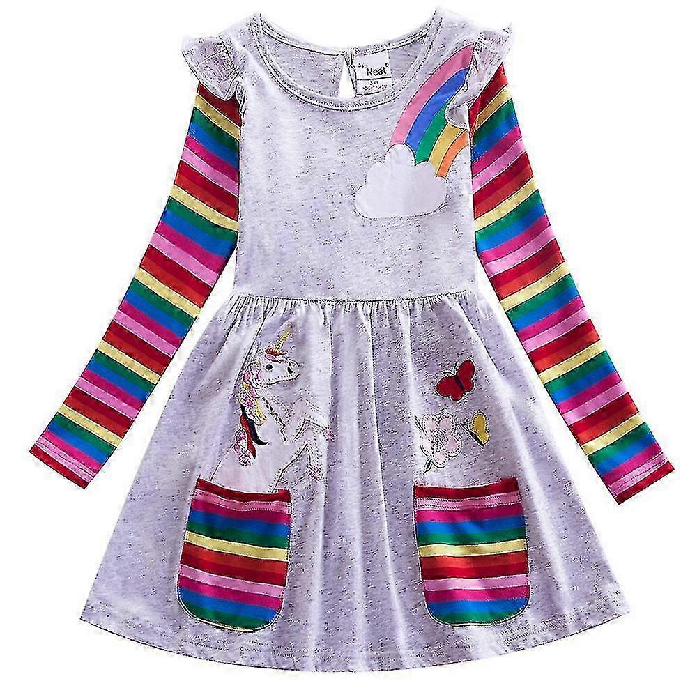 Kinder Mädchen Einhorn Regenbogen A-Linie Kleid Langarm Prinzessin Kleider -NMAOV