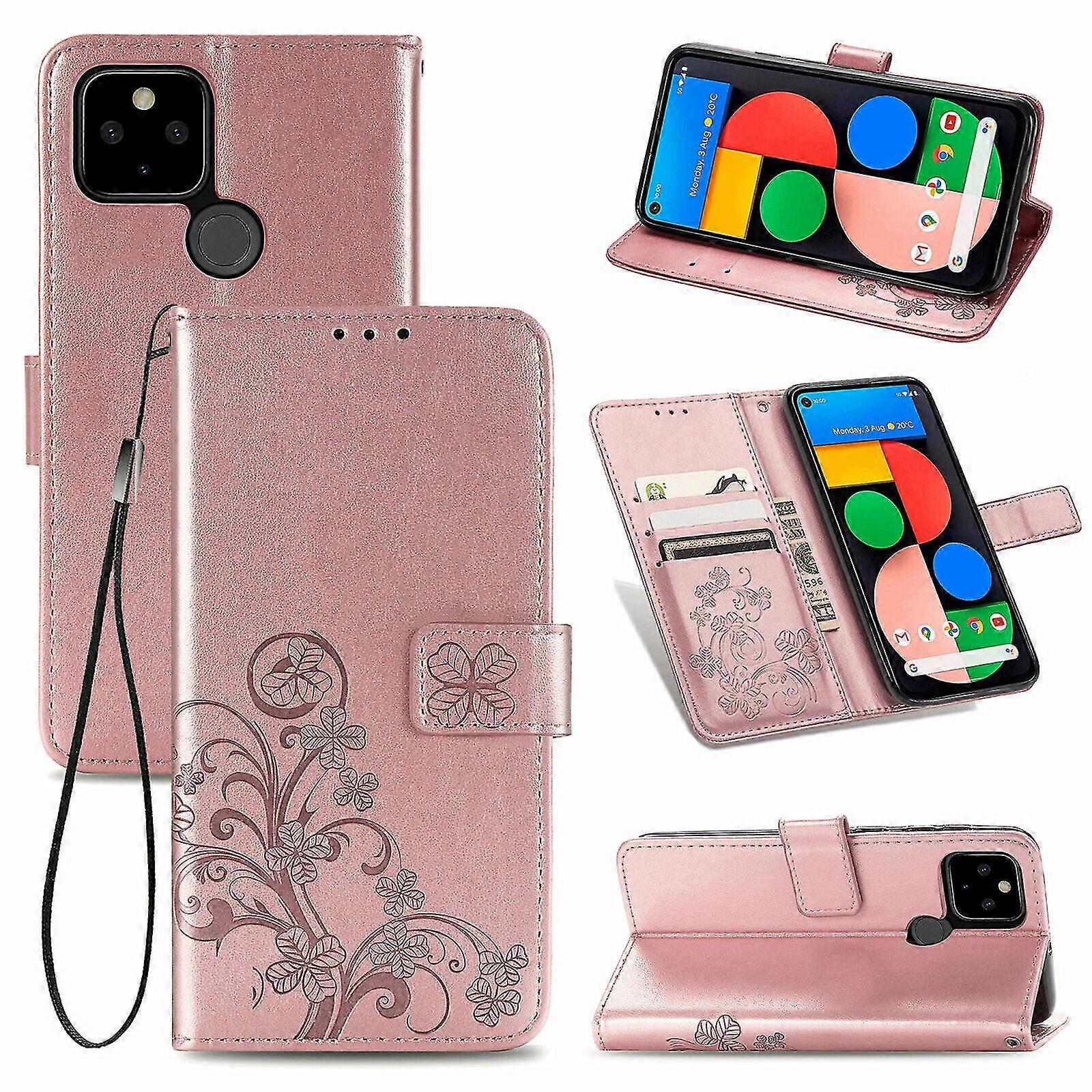 Compatible with Google Pixel 5 Cover Wallet Clover Embossed Protective Leather Phone Case Magnetic  - Pink