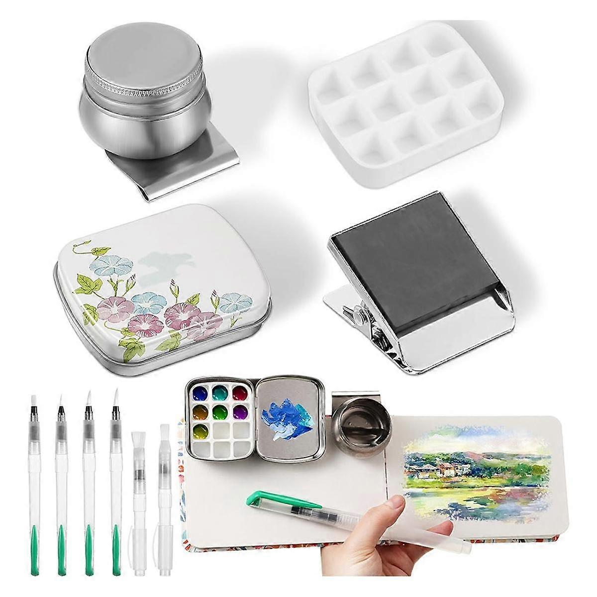 11 Piece Tin Box, 12 Empty Watercolor Palettes, Artist Brushes with Protective Case, Sketching Watercolor Kit