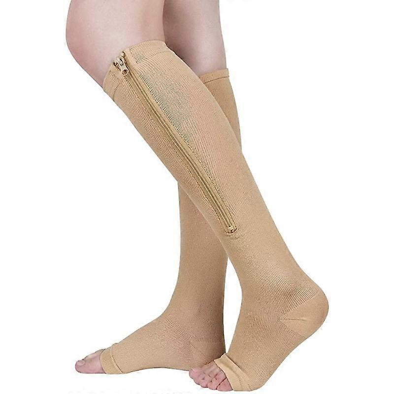 1 Pair Compression Stockings Thrombosis Stockings Women'S Support Stockings 15-20Mmhg Knee Socks With Zipper & Toe-Free For Sports Varicose Veins, Blo