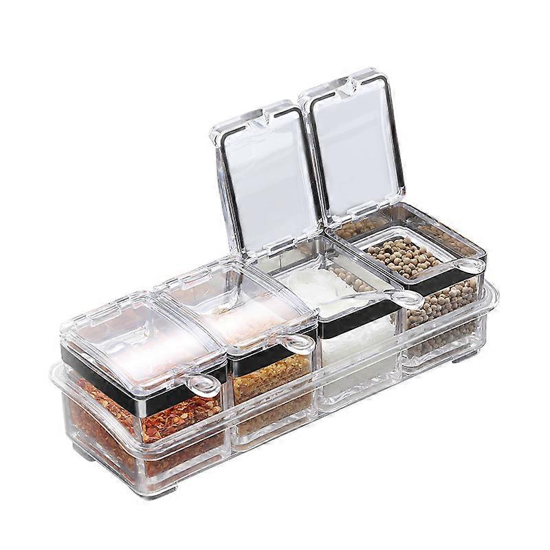 Gourmet Set of 4 Acrylic Spice Compartments with 4 Serving Spoons Ideal for the Kitchen.