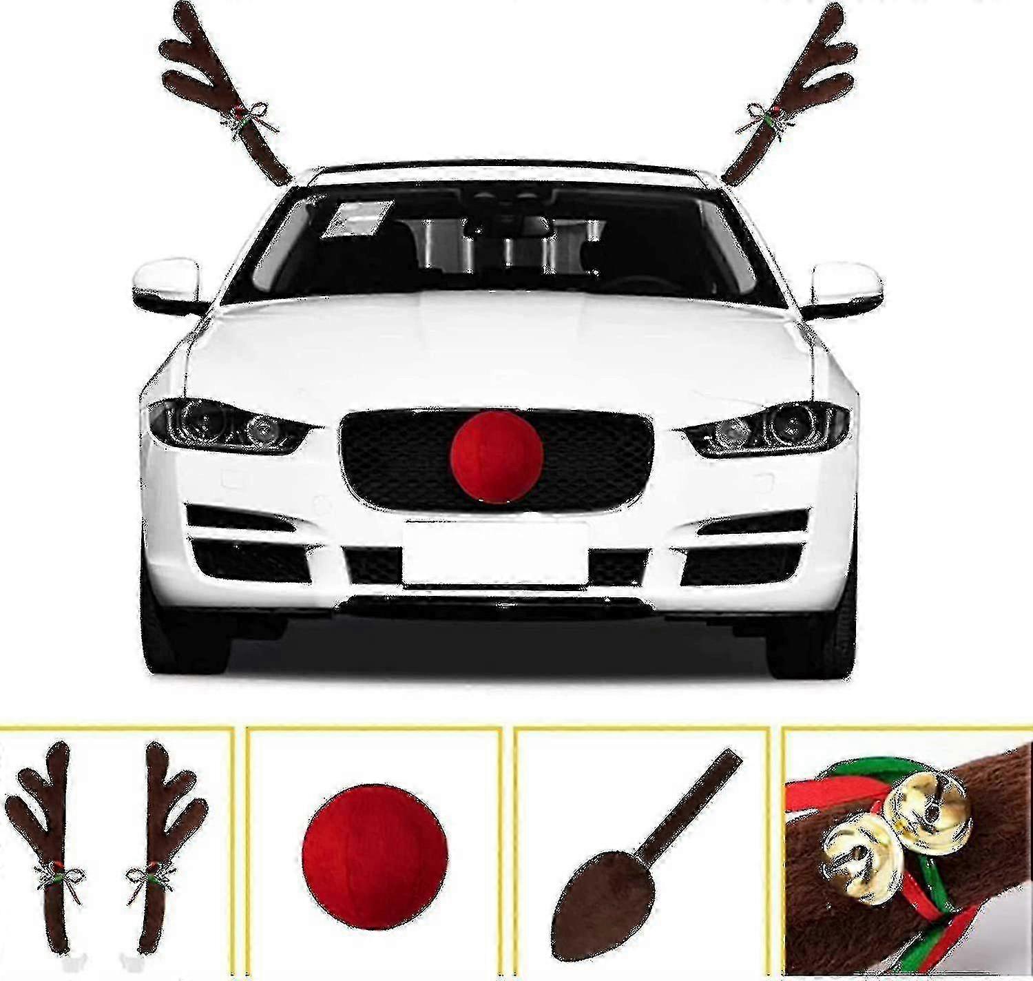 4ピース クリスマスカー 鹿 トナカイの角 車両 赤い鼻の角 尻尾 ジングルベル付き クリスマスデコレーション フェスティバルギフト プレゼント