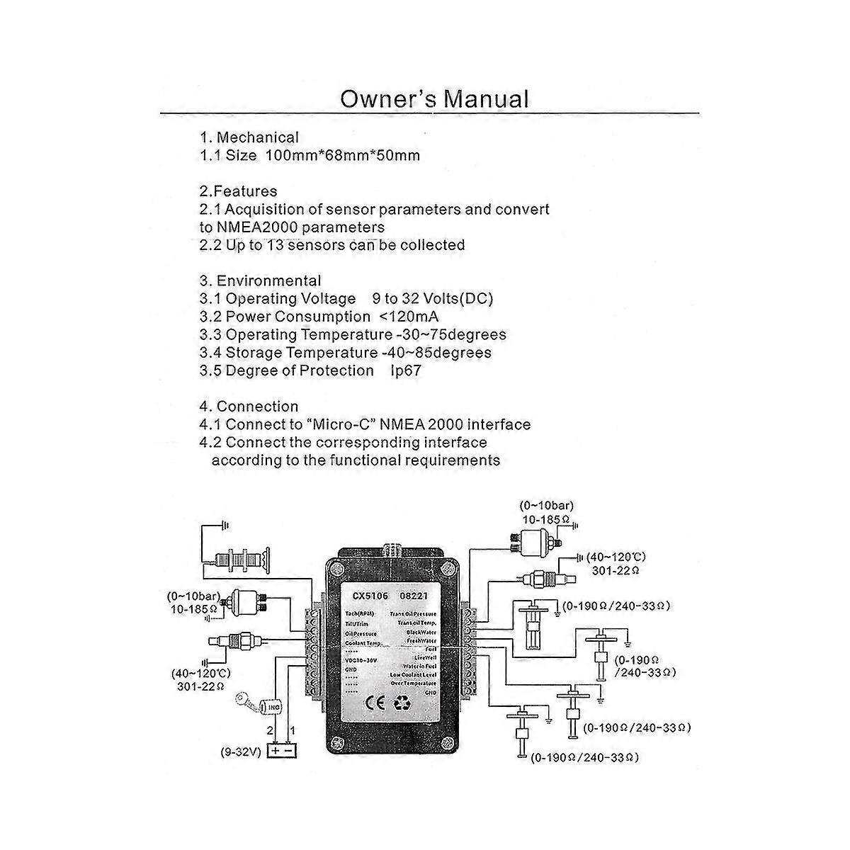 Einkanal-Nmea2000 / N2k-Wandler 0-190 Ohm bis zu 13 Sensor für Marineboot Cx5106
