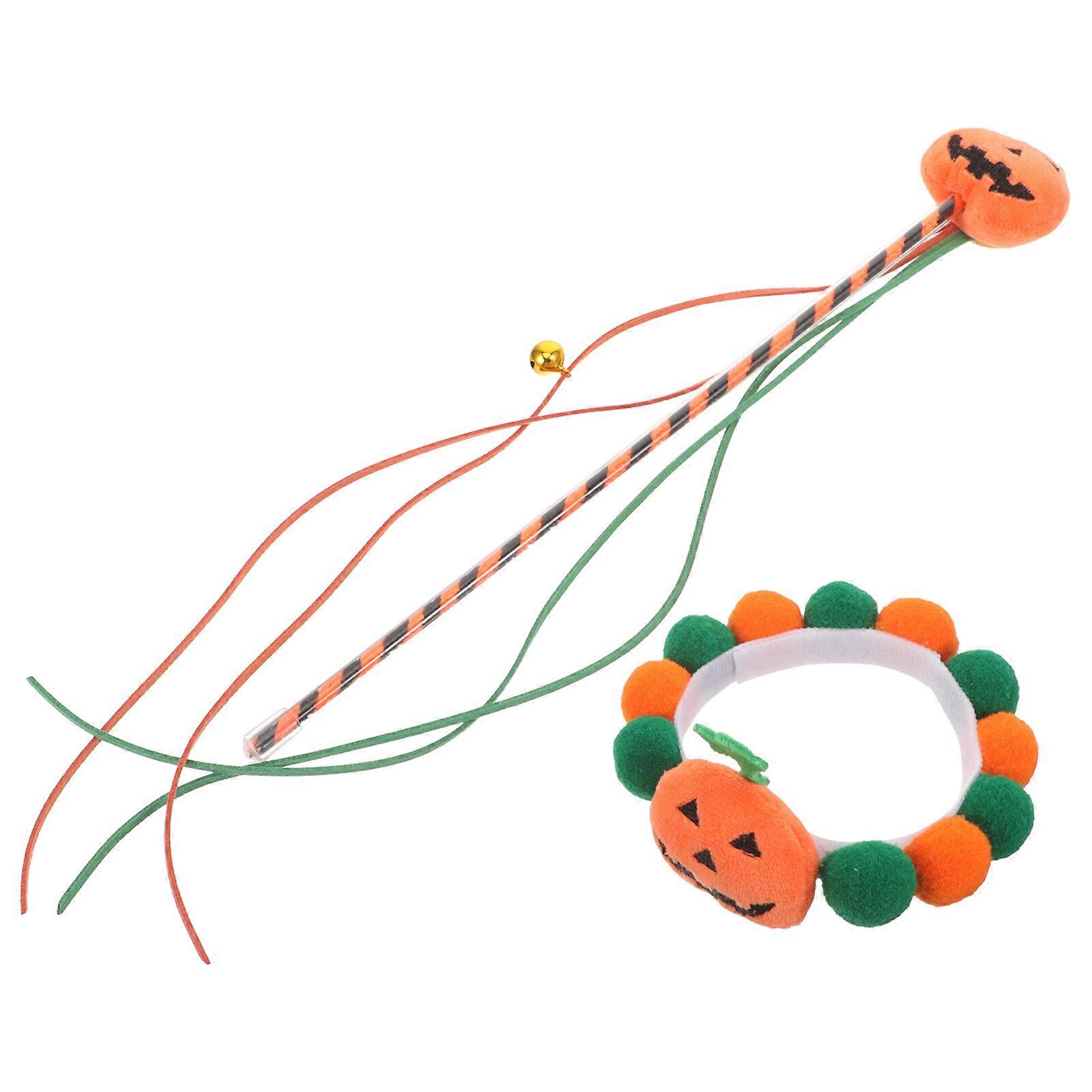 1 Set Halloween Cat Collar Pumpkin Design Kitten Collar Pet Interactive Teasing Stick