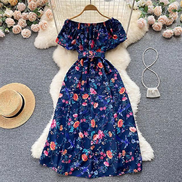 Atopos Women Off Shoulder Beach Dress Elegant Sweet Summer Dresses 2022 Female Robe Holiday Vestido SundressWoman Outfits 2022-dark blue,One Size