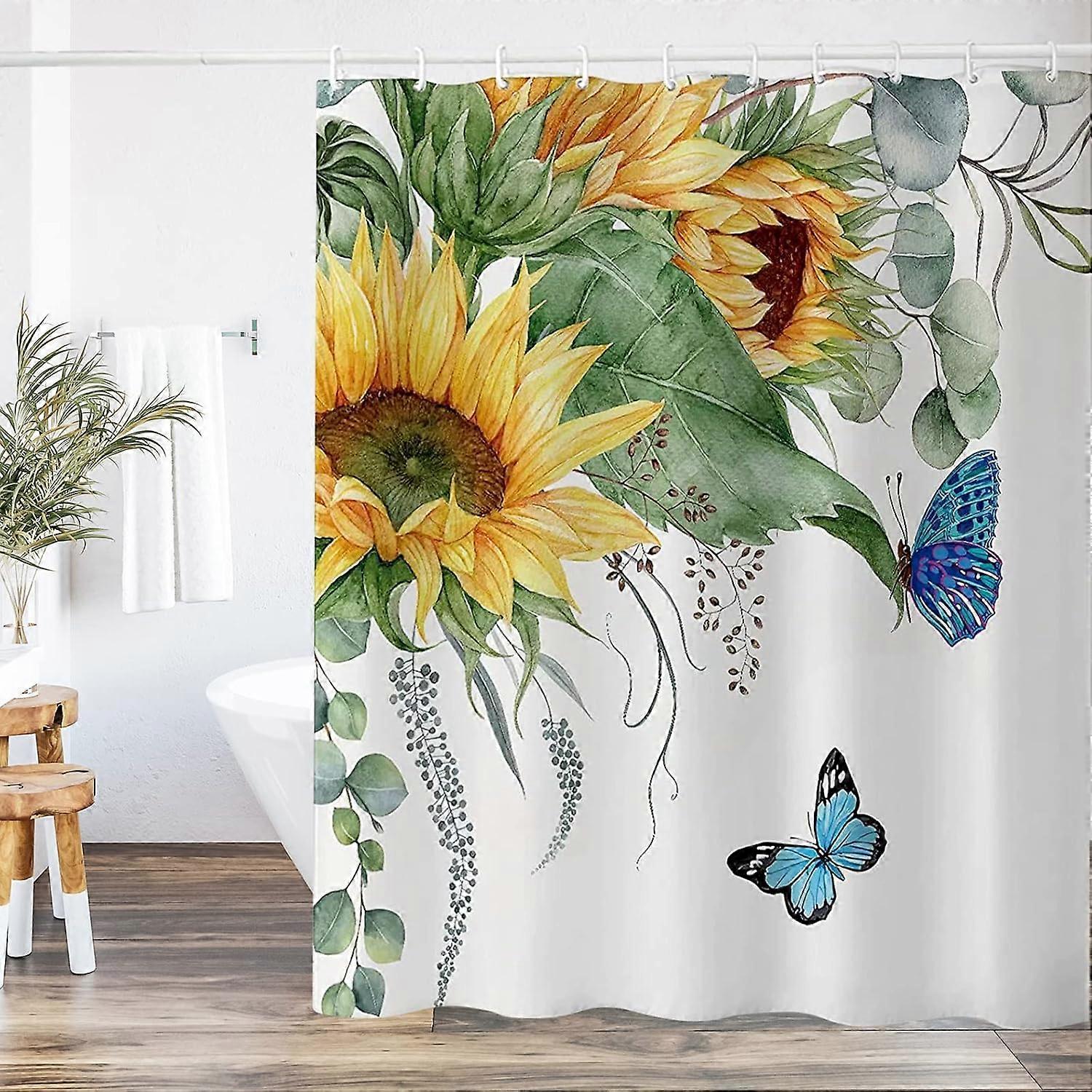 Sunflower Shower Curtain Butterfly Fabric Shower Curtain for Bathroom, Waterproof Bath Curtain with Hooks, Quick-Drying, Weighted Hem, Machine Washabl
