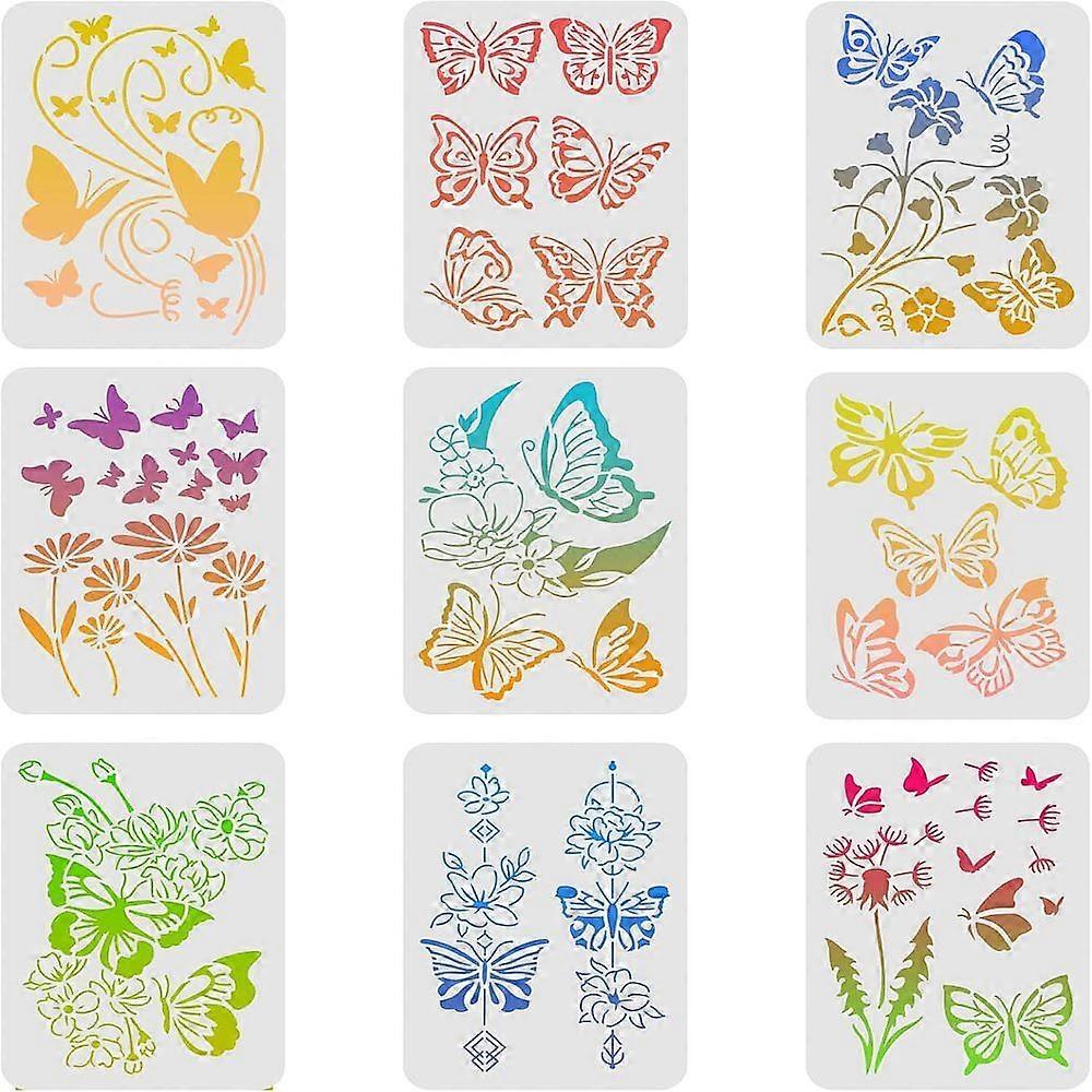 1Set Plastic Reusable Drawing Painting Stencils Templates Sets for Painting on Fabric Canvas Tiles Floor Furniture Wood Butterfly Pattern 29.7x21cm 9p