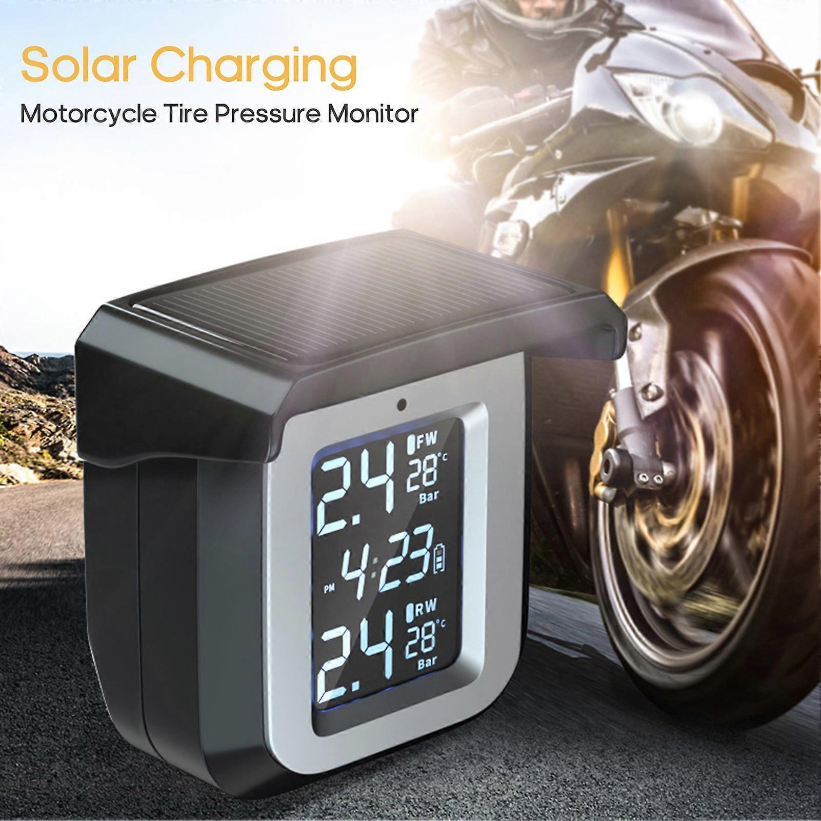 TS08-4 TPMS Motorcycle Tire Pressure Monitor USB + Solar Charge Red Screen Tire Pressure Alarm System 2 External Sensors For Temperature Monitoring