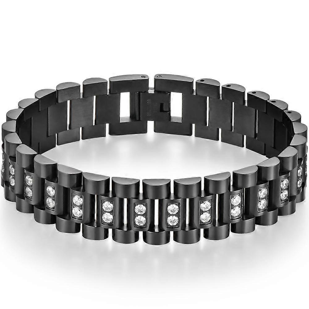 CZ & Stainless Steel 15MM Width Watch Strap Chain Style Man Bracelet for Men Black Gold Color Friendship Men's Bracelets Adjustable