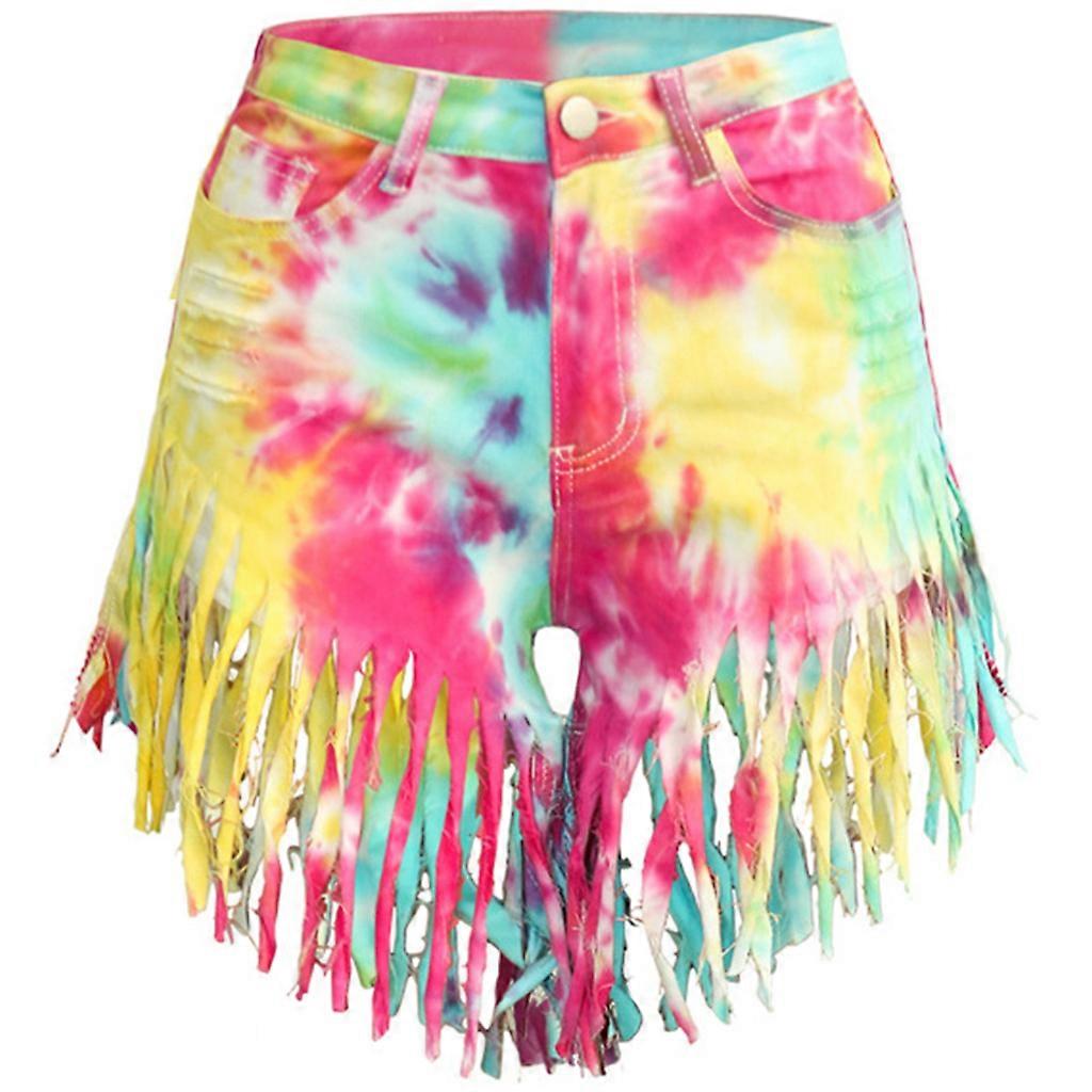 Kadın Yaz Yüksek Belli Yırtık Denim Şort Degrade Çok Renkli Baskılı Seksi Yıpranmış Ham Hem Püsküller Mini Kot Sıska Sıcak Pantolon Y XL