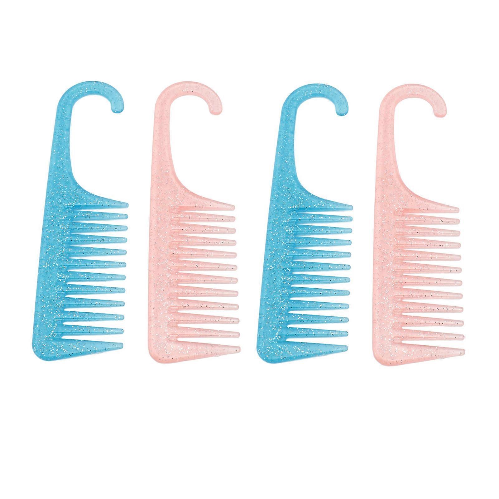 4pcs Wide Tooth Comb with Hook Rounded Handle Detangling Comb Pink Blue Transparency 