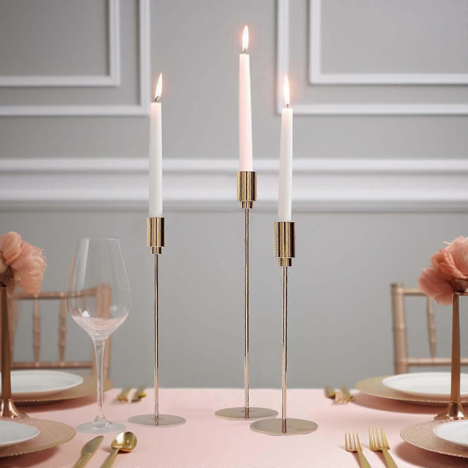 Gold Metal Taper Candle Stands Set of 3 | Decorative Candlestick Holders with Round Solid Base | 9", 10", 13"