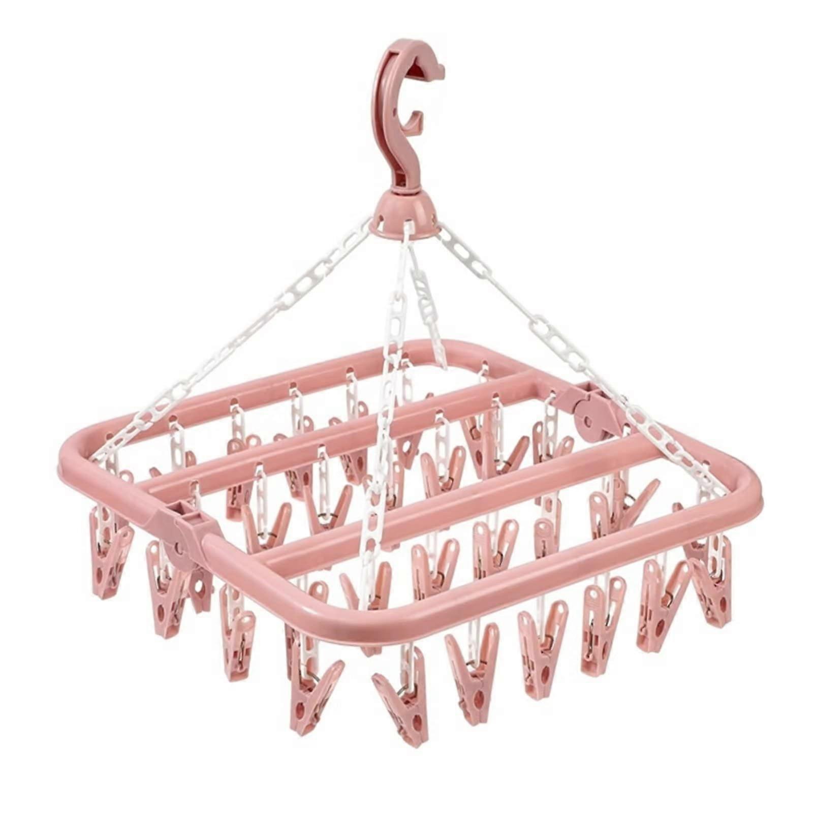 32 clip foldable laundry strap, plastic hanger drying shelf clip strap for Garments, Towel (Pink)