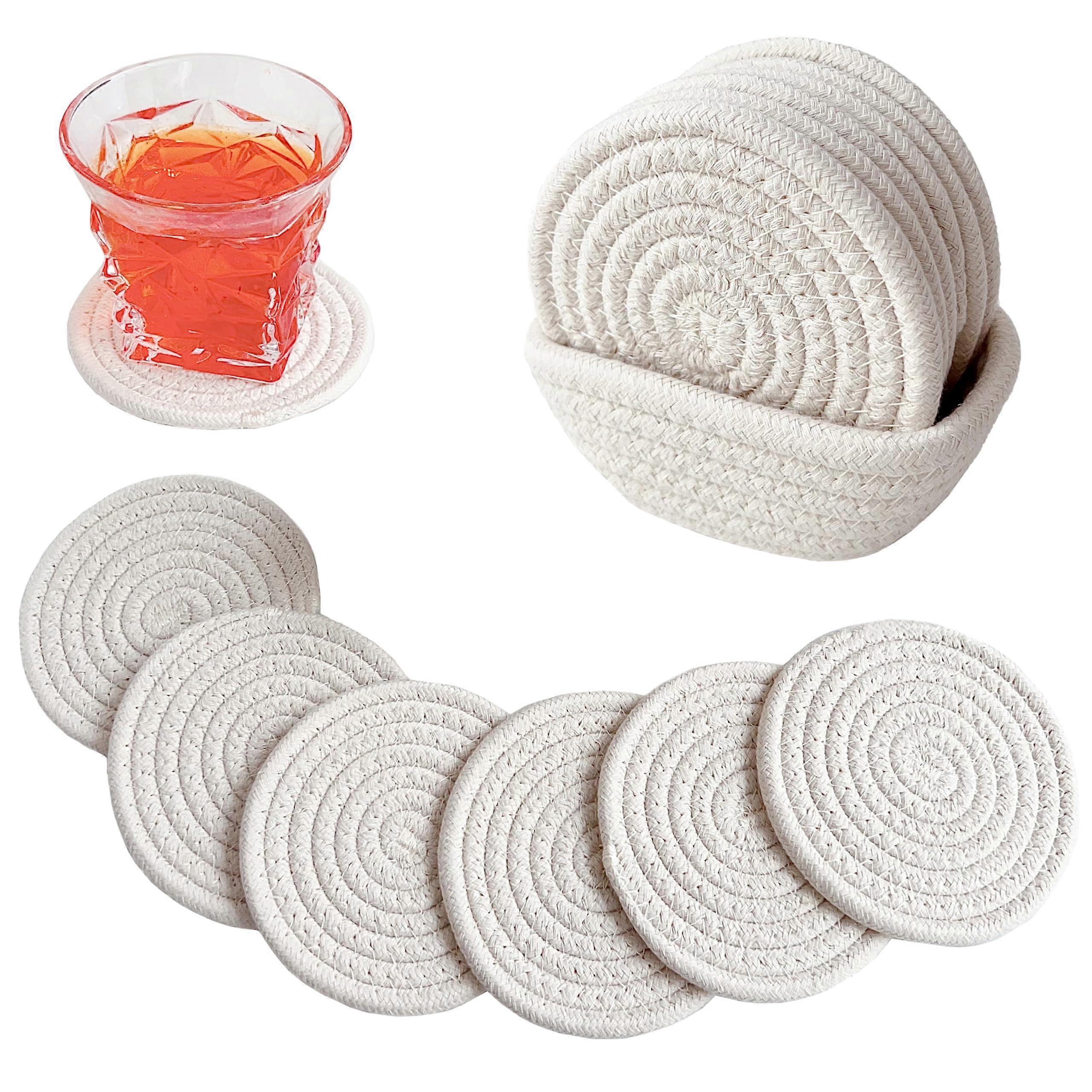 Boho Drink Coasters with Storage Basket, Handmade Woven Cotton Absorbent Set of 6