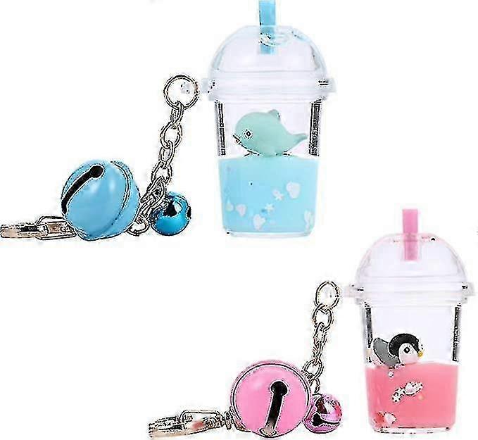 2 Pcs Boba Tea Keychain With Liquid Quicksand Keychains, Animal Bubble Tea Keychain