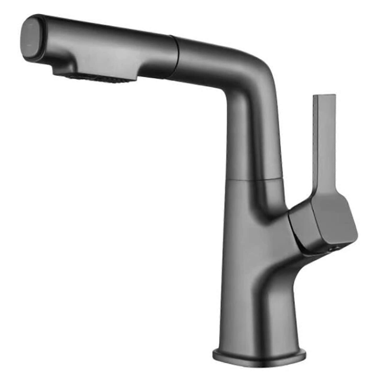 Basin Faucet With Pull-Out Spray, Brass, Hot And Cold, Swiveling, Multifunction Bathroom Faucet Gris Chrome Finish