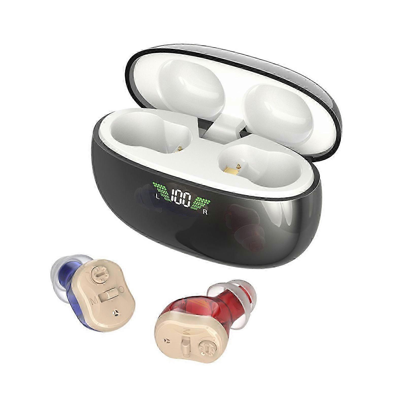 A rechargeable hearing aid suitable for the elderly, featuring digital signal processing technology and active noise cancellation.