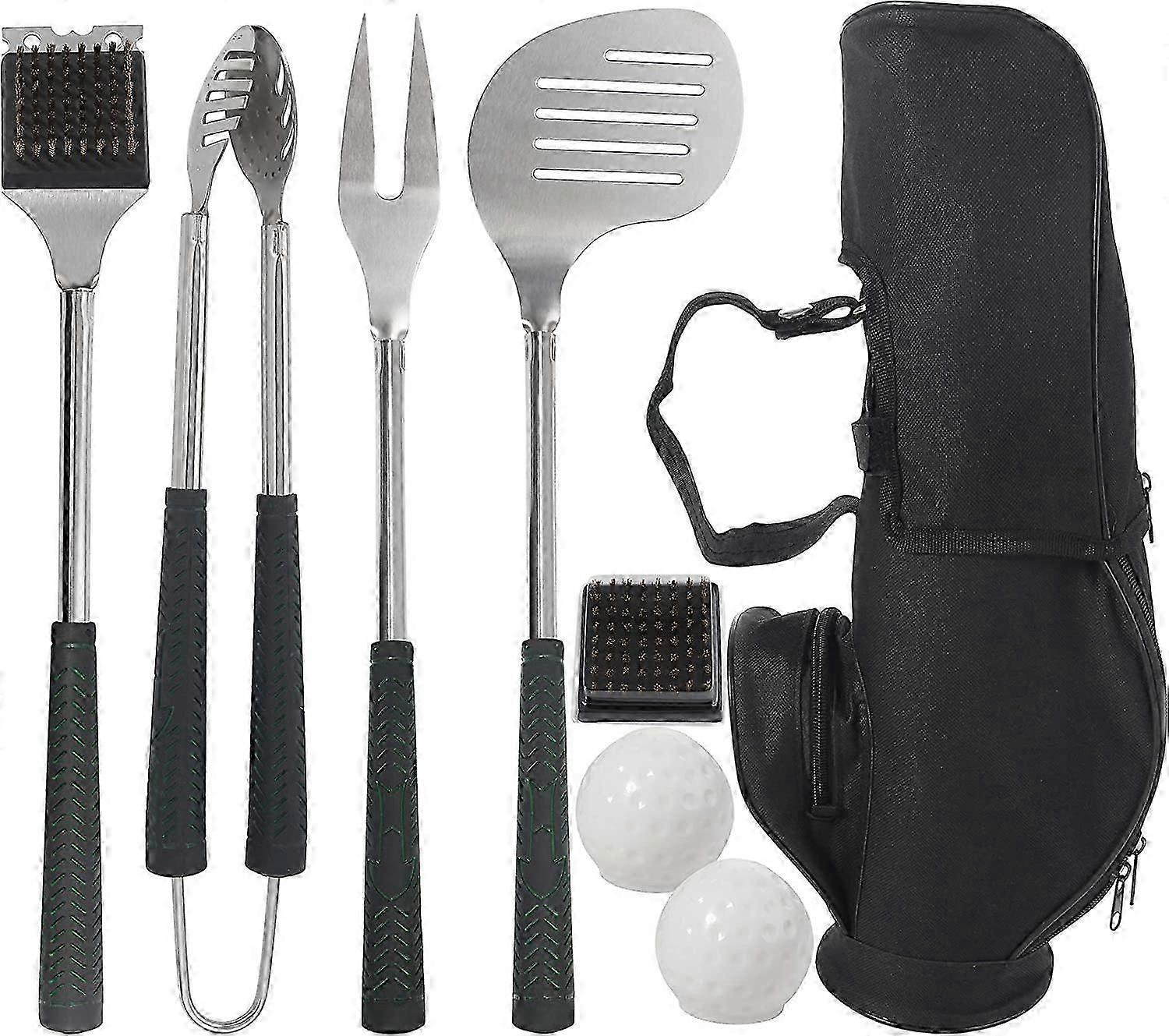 Set di strumenti per barbecue da 8 pezzi. Forchetta in acciaio inossidabile extra spessa, spatola, pinze e spazzola per la pulizia - Accessori completi per grigliate in stile golf con calore lungo