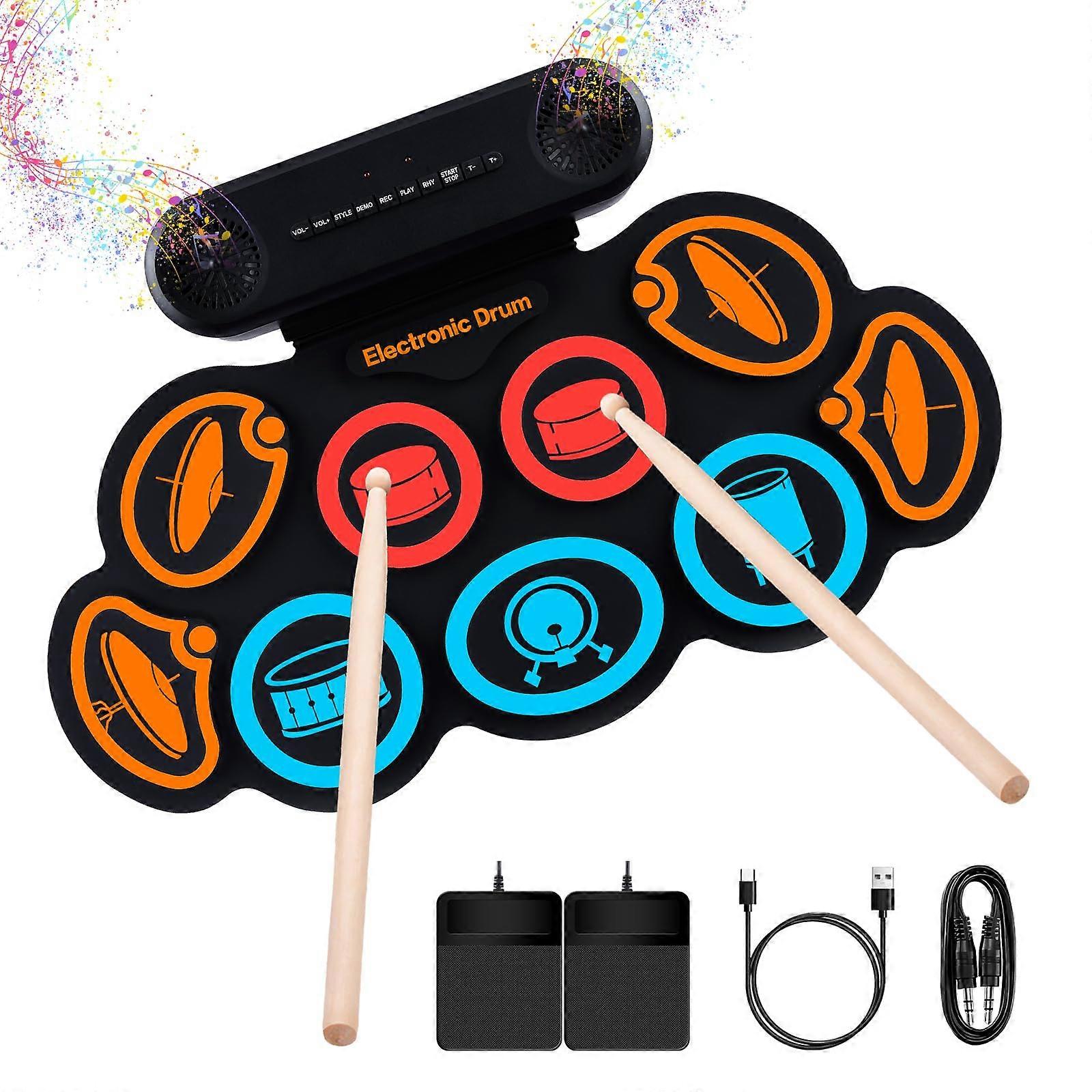 Electronic Drum Kit 9 Pads Electric Drum Pad with Headphone Connection 10 Hours Playtime and 2 Built-in Speakers Colorful