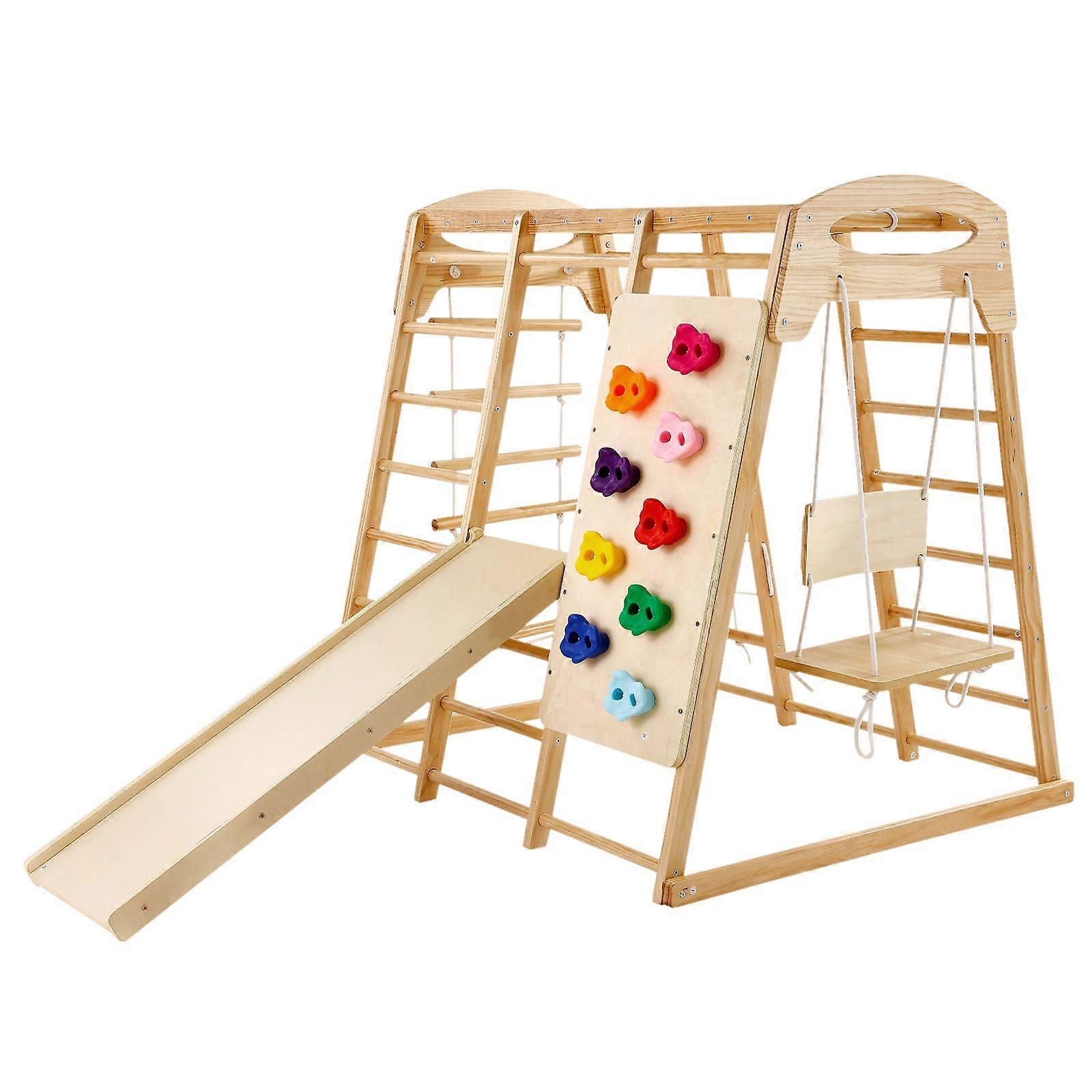 Indoor Jungle Gym, 7-in-1 Toddler Indoor Playground, with Wood & Rope Ladder, Net Ladder, Swing, Slide, Climbing Wall, 47.2 x 58 x 56in