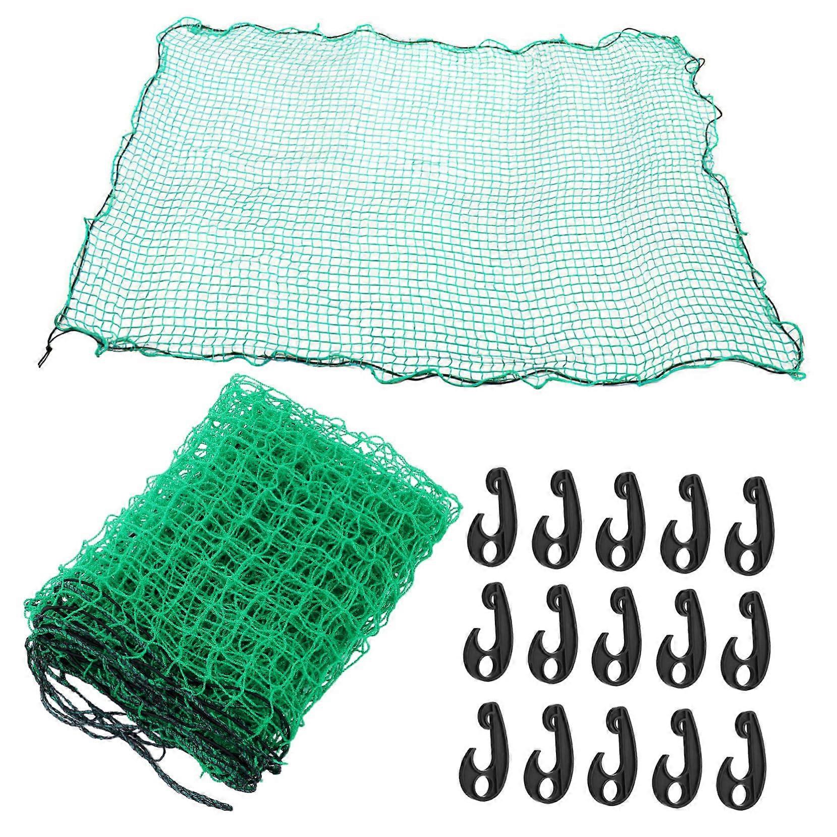 Heavyduty nylon cargo net for truck beds, with elastic ropes and hooks for secure transportation of loads on pickup trucks.