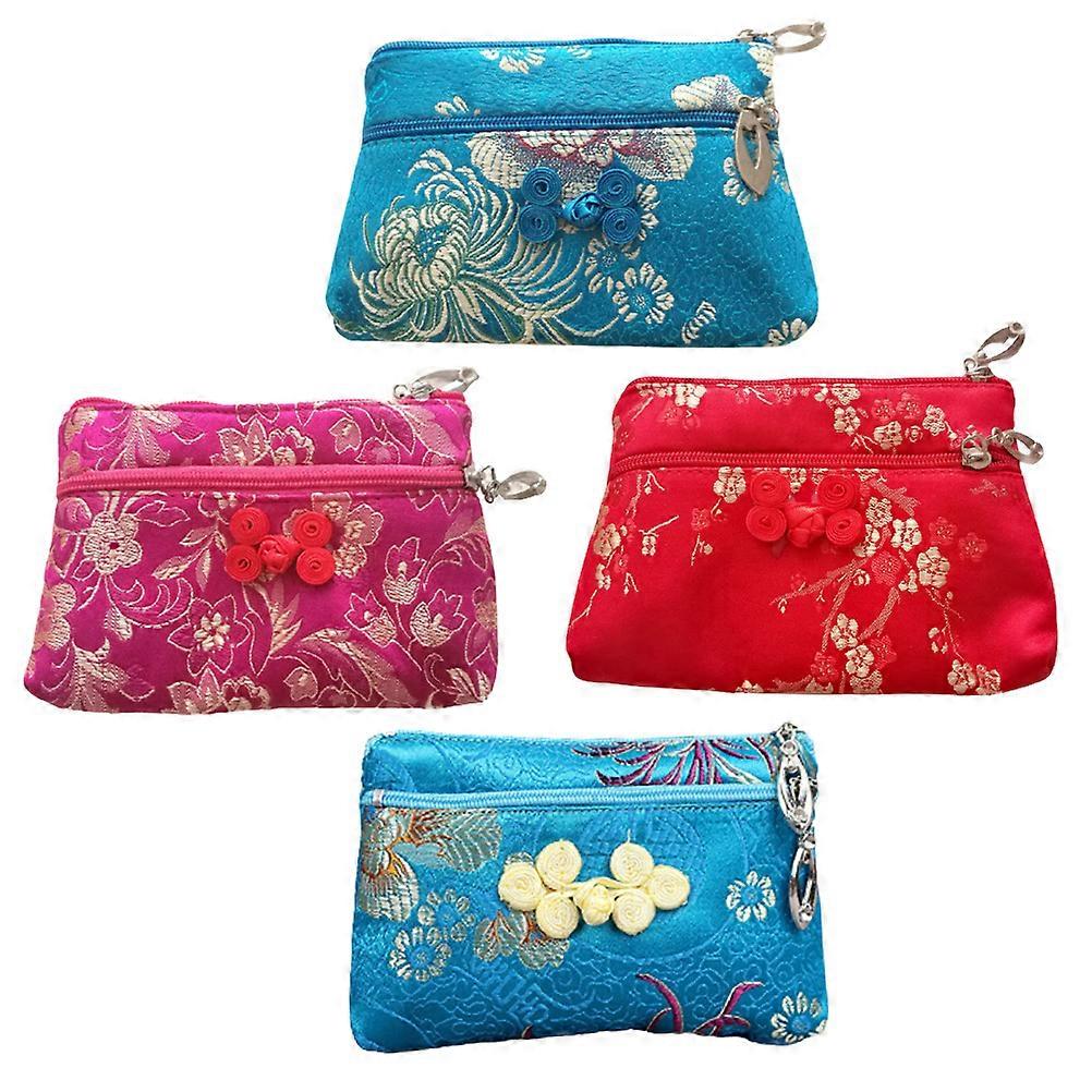 Small Jewelry Bags With Zipper Rectangular Silk Fabric Bag Party Use Multi-Color 4Pcs