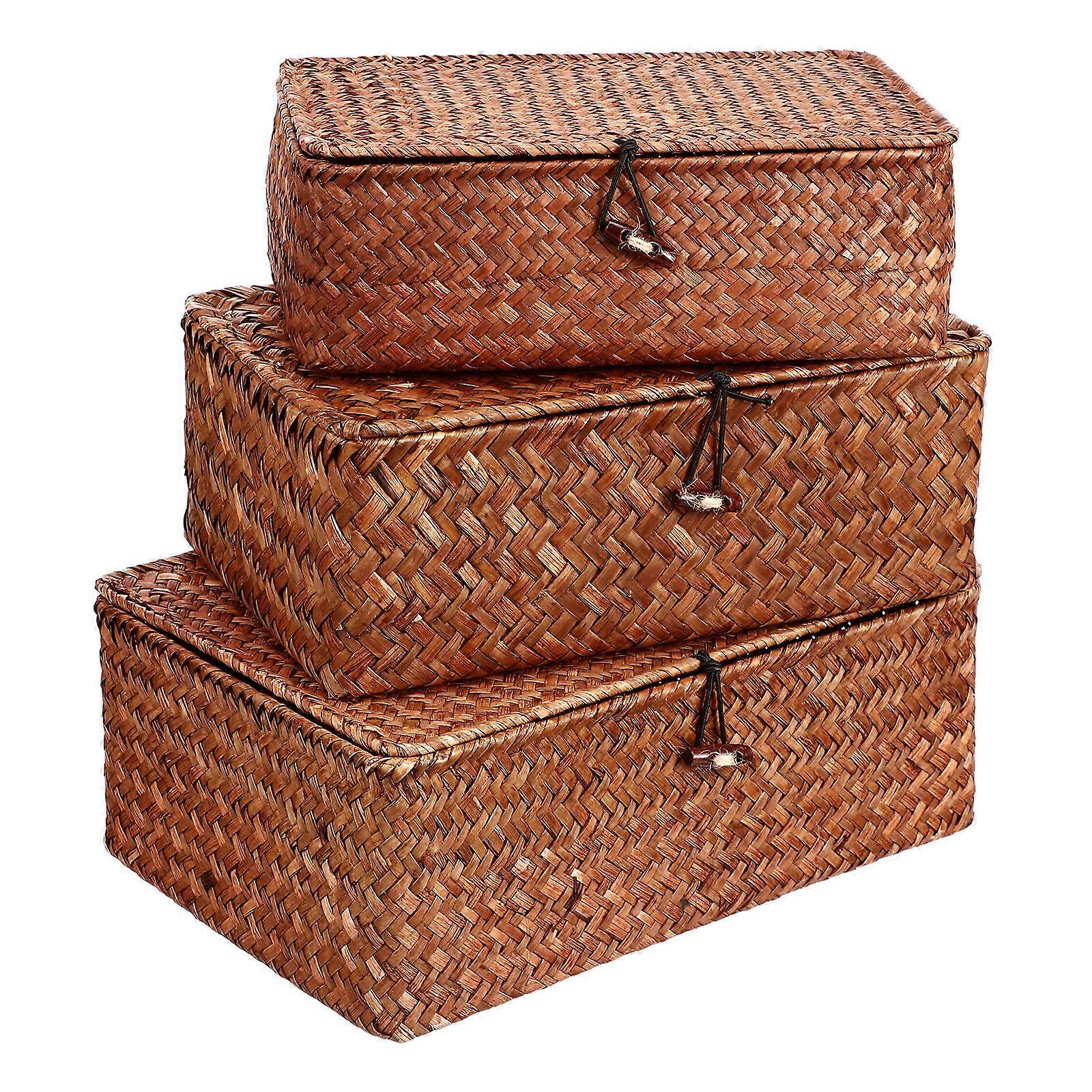 3pcs Woven Sundry Box with Lid, Multifunctional Seagrass Storage Baskets for Organizing Cosmetics & Household Items, Stylish Home Decor for Clutter