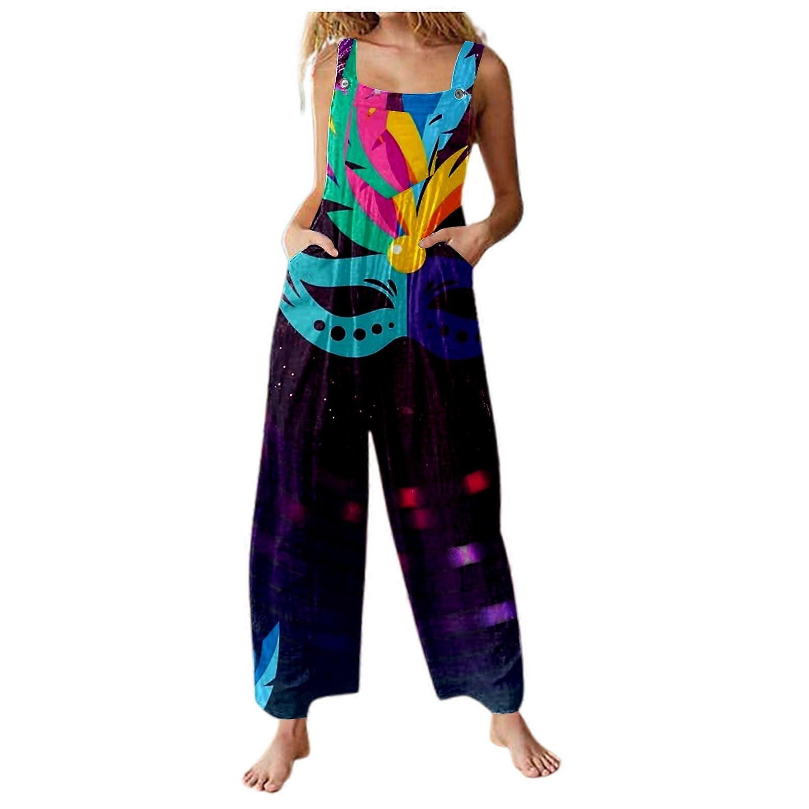 Women's Long Jumpsuit With Adjustable Straps Bib Jumpsuit Pockets Pattern Print Wide Leg Sleeveless Racerback Black XL