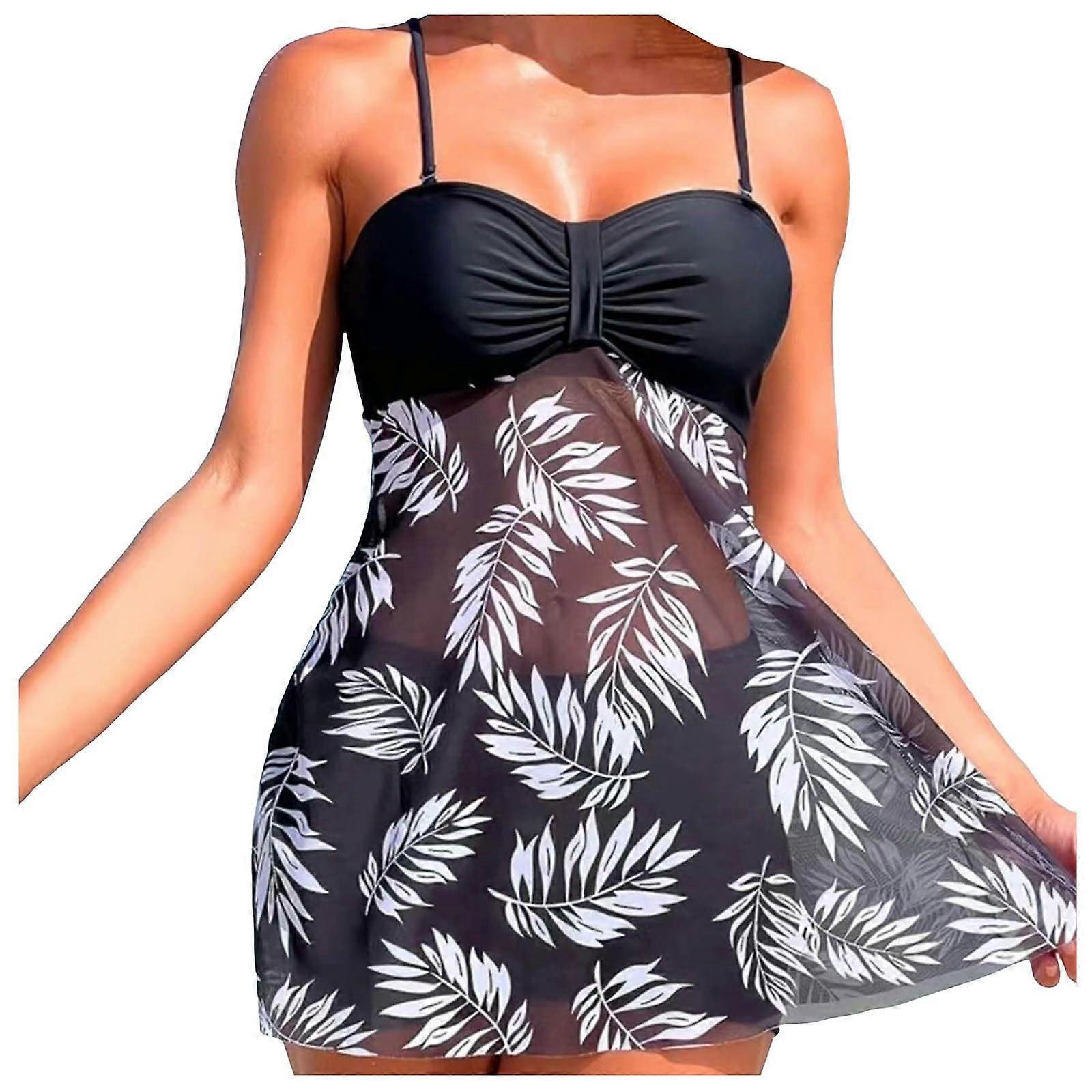 Bikini Set for Women Push Up Tankini with Cut Out Top and High Waist Shorts Floral Pattern Plus Size Black M