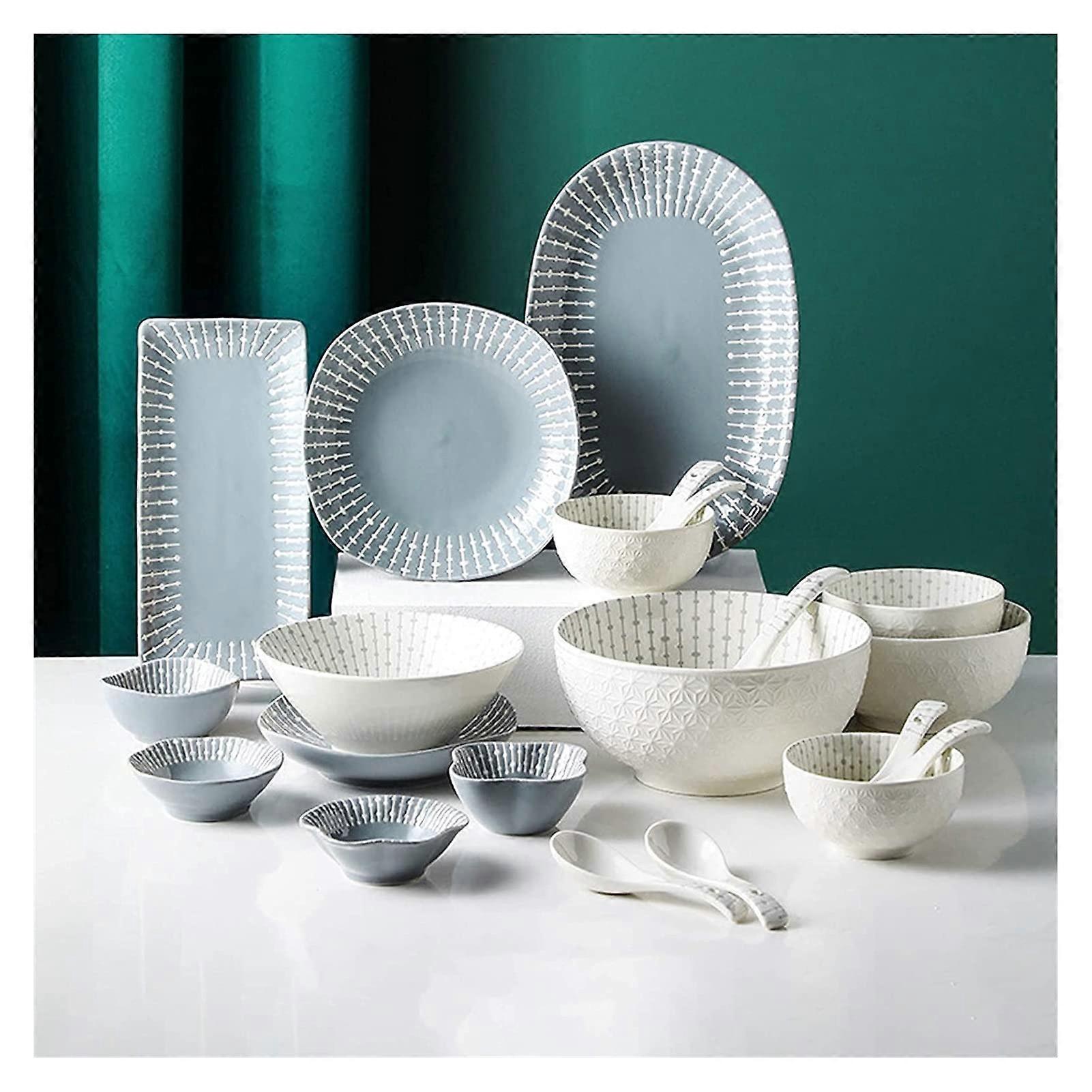 Ceramics Dinner Set, 42 Pieces Cereal Bowls and Steak Plates, Relief Porcelain Dinnerware for Family Gatherings