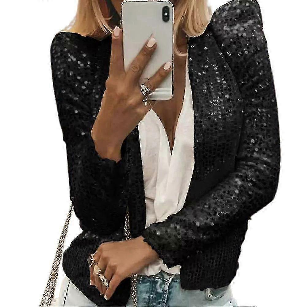 Women's Sequin Jacket Open Front Casual Long Sleeve Cardigan Coat Collarless Glitter Short Jacket