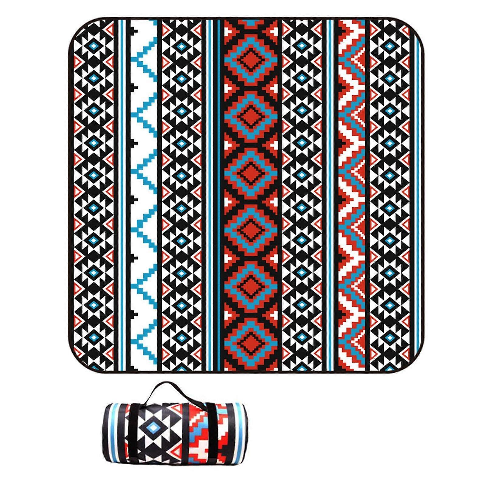 Modern Bohemian Insulation Picnic Blanket Waterproof Beach Blanket Foldable Camping Blanket With Handle Blue 200x200cm