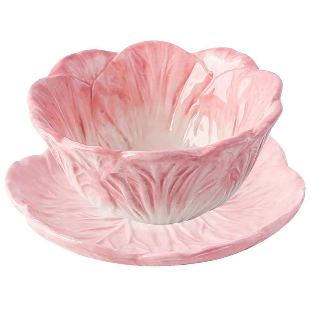 Cabbage Bowl And Plate 1 Set Pink Ceramic Children Tableware Microwave Safe Non-slip Bottom For Family Gatherings