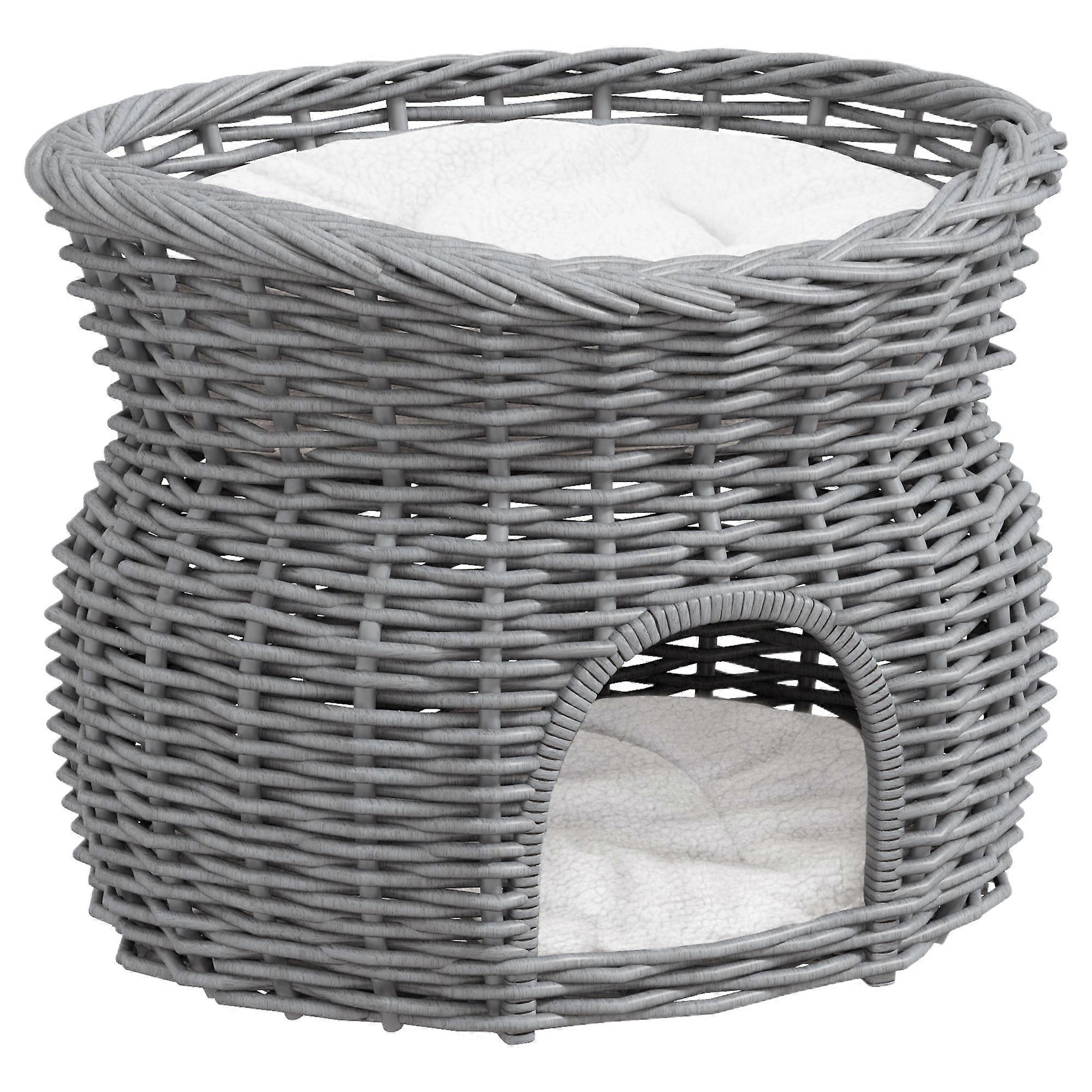 Lit pour chat élégant en rotin avec toit coussiné et imperméable en jacinthe, gris