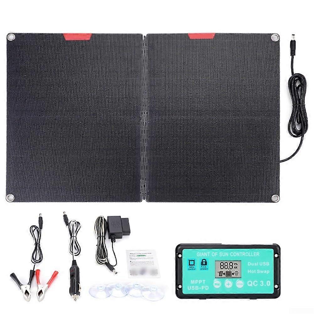60W Foldable Solar Panel Kit With Controller For 12V Charging Includes Clips OBD II Connector And Suction Cups (C)