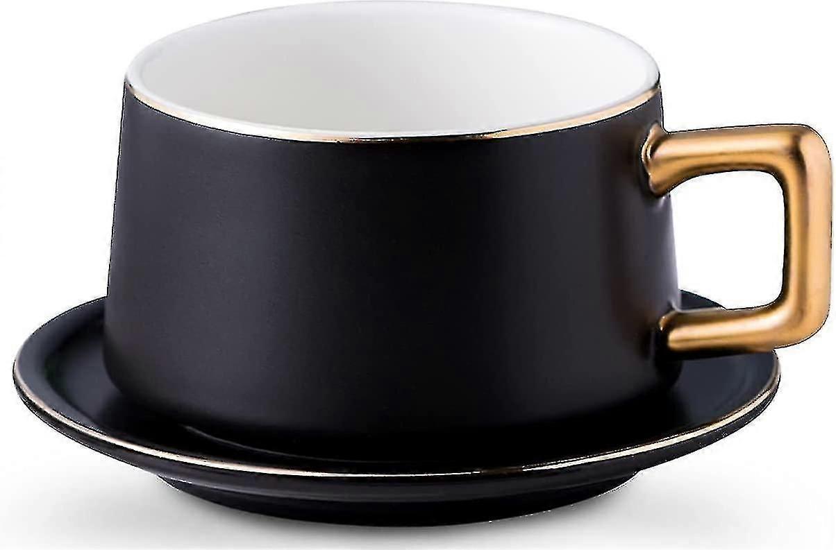 طقم أكواب القهوة والصحن الأسود 9 أونصات طقم كوب شاي من السيراميك مطفي أسود غير لامع من البورسلين