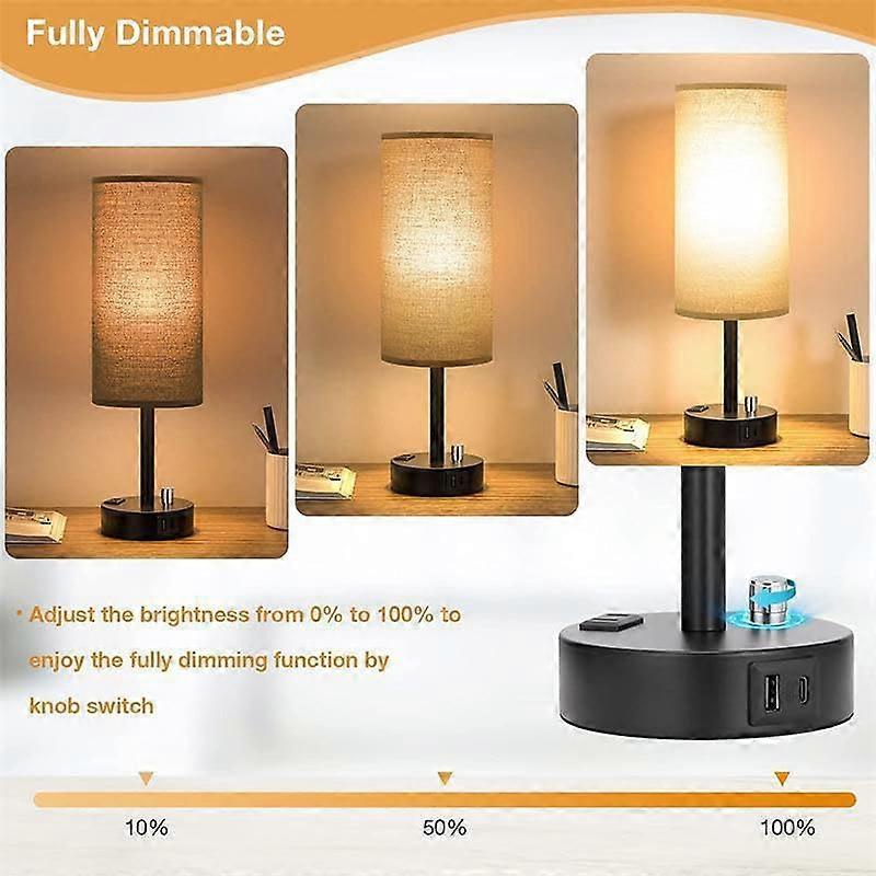 Table Lamp Dimmable Bedside Lamp With USB A And USBC Ports, 3 Brightness Levels, Fabric Linen Lampshade Natural