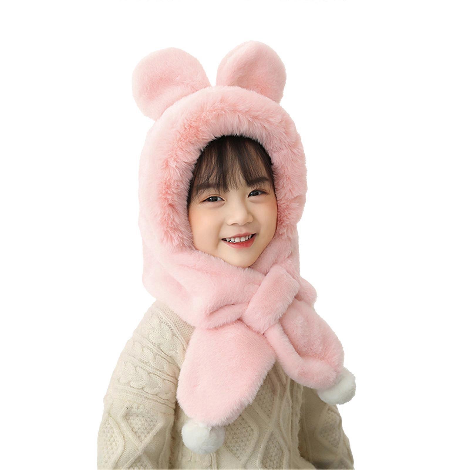 Children Hat with Bear Ear Decoration - Solid Color Thickened Plush Warm Set