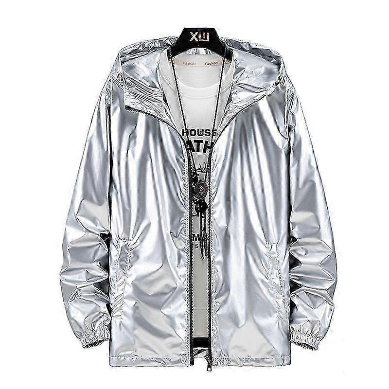 Men's Shiny Silver Waterproof Hooded Jacket