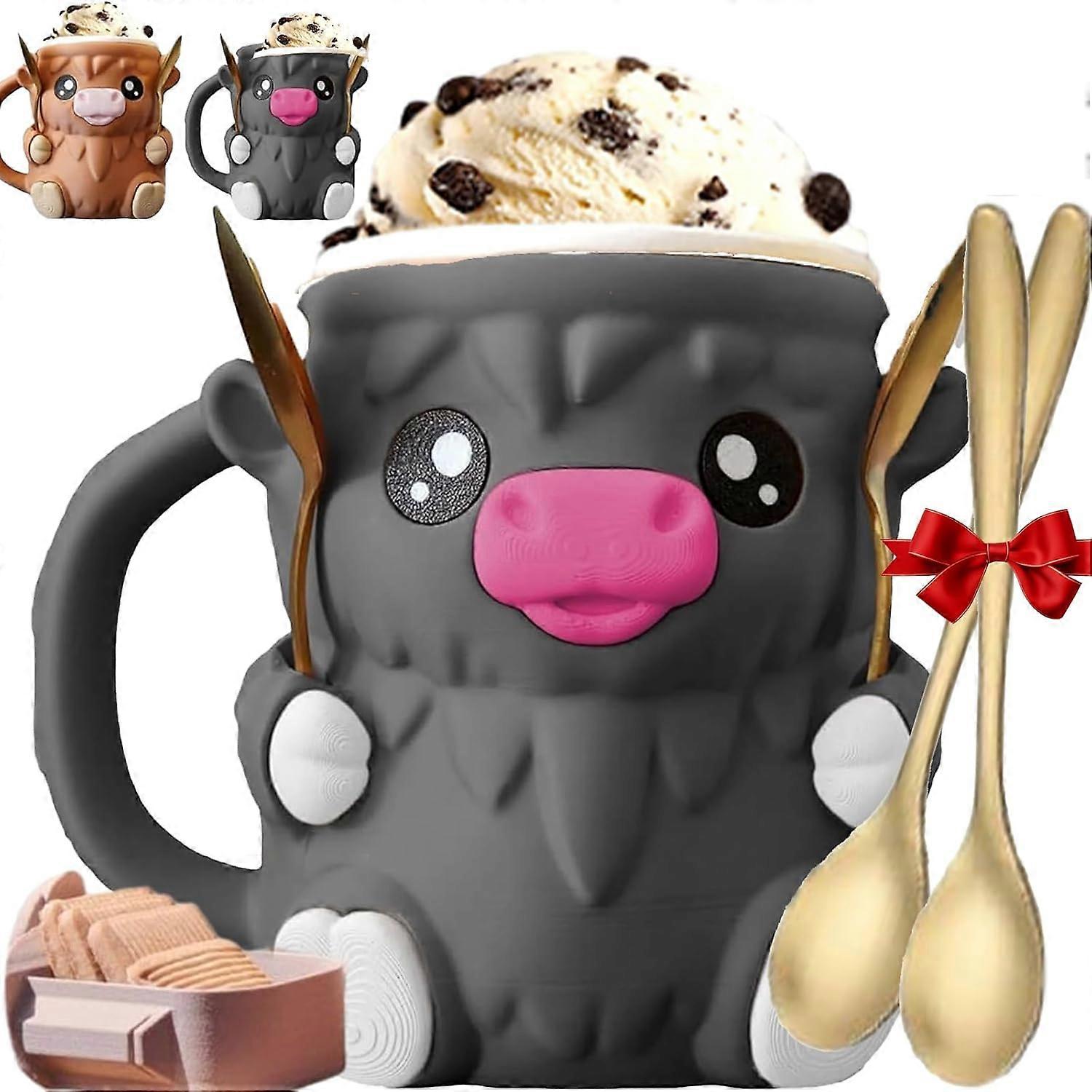 Moo Mug Ice Cream Holder, 2025 3D Printed Moo Mug with Handle & Spoon, Fits 1 Pint Cup, Cute Animal Cozy Keeps Ice Cream Cold