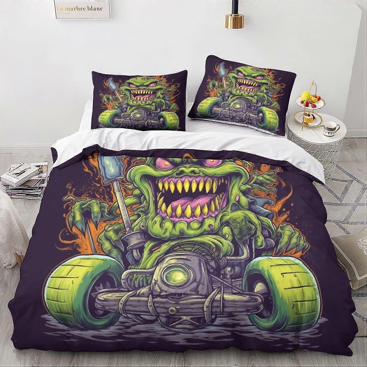 LikeEj monstro roupa de cama edredom capa 3D cartoon impresso edredom capa edredom com fecho com zíper, vintage carro cama dupla
