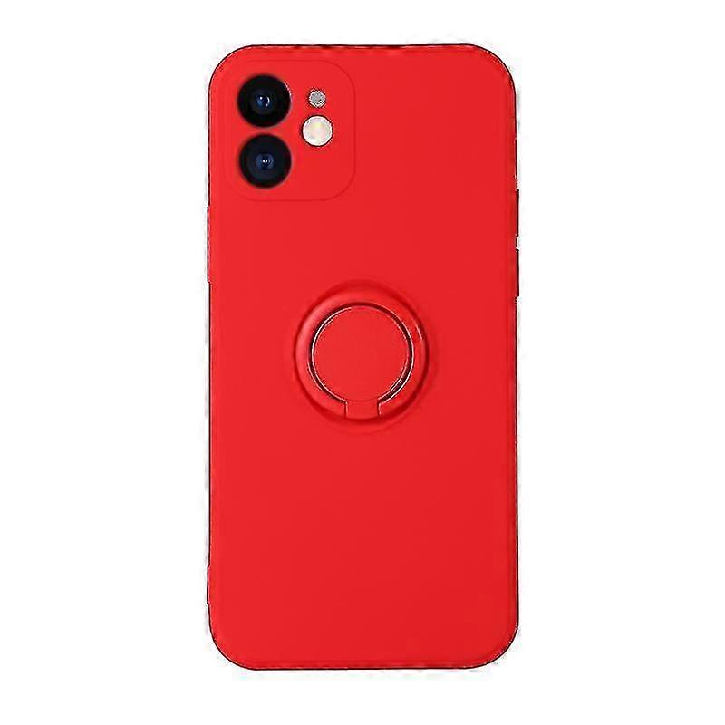 f For iPhone 12 Solid Color Liquid Silicone Shockproof Full Coverage Protective Case with Ring Holder(Lucky Red)