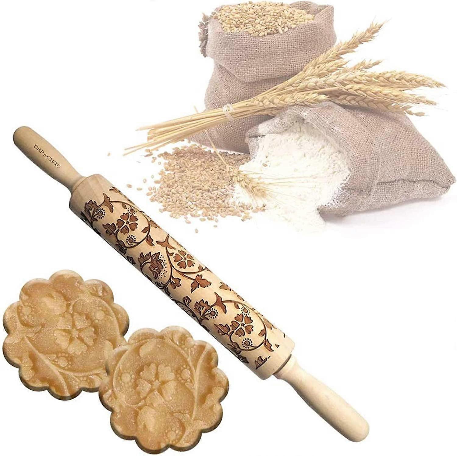 Embossed Rolling Pins, Lotus Flower Pattern Wooden Laser Engraved Embossing Printing Rolling Pin DIY Tool for Homemade or Christmas Cookies