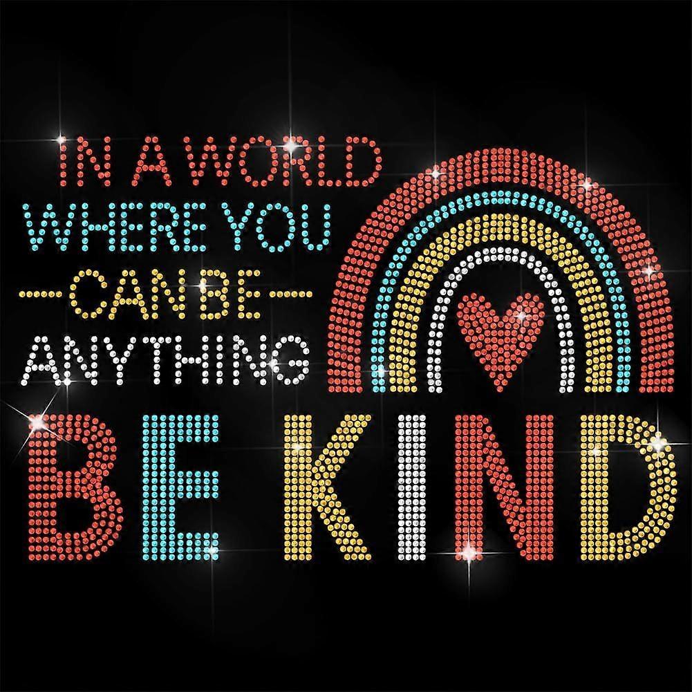 Letter Rhinestone Iron on Transfer Be Kind with Rainbow Bling Diamond Hotfix Patches for Clothes 11.6"x8.2" Large Iron On Sequin Applique for Jeans Ja