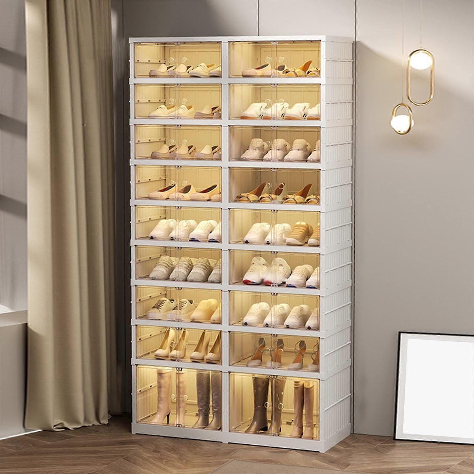 Shoe Storage Boxes with Clear Doors, Stackable Foldable Plastic Organizer for Closet or Entryway, 9Tier Sneaker Rack
