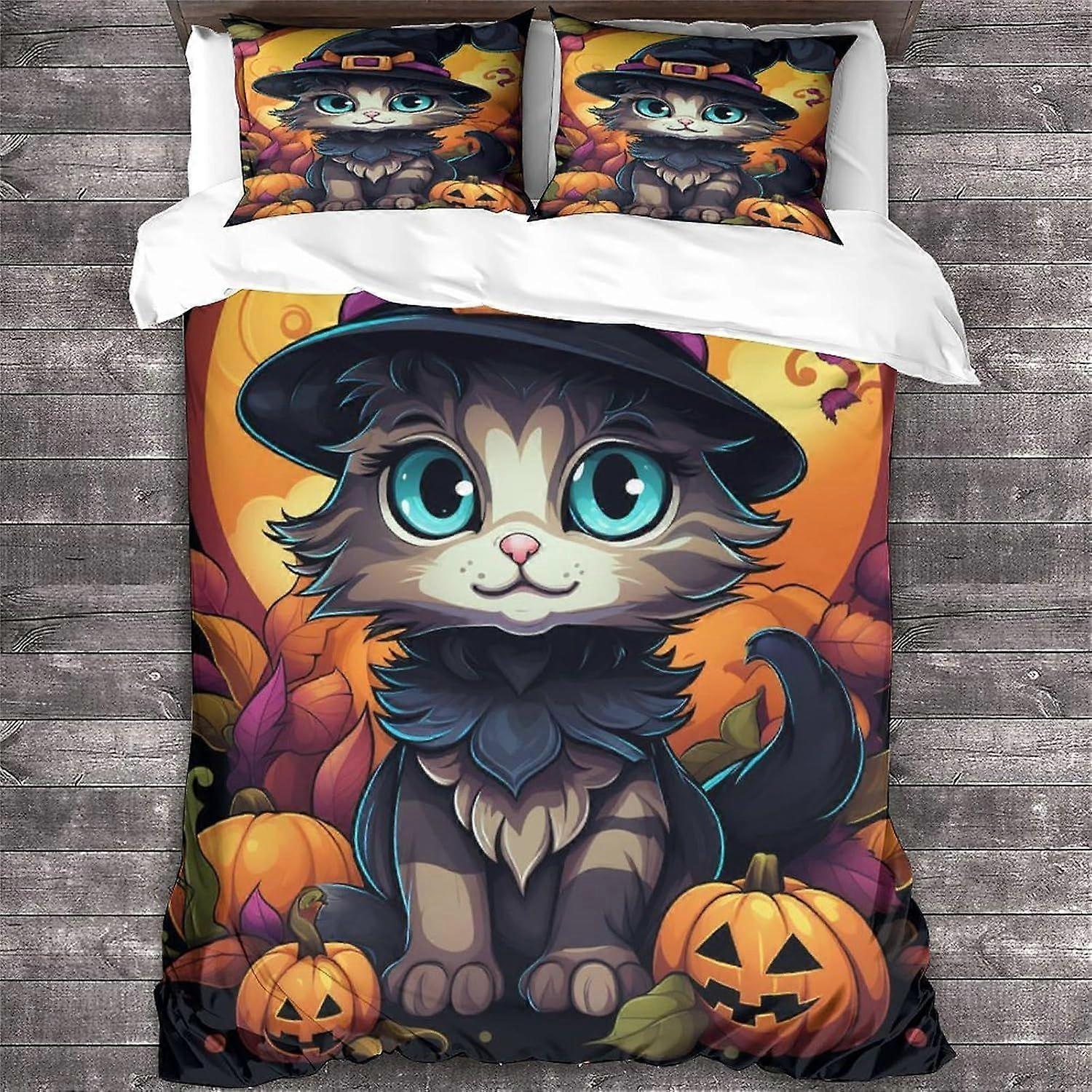 غطاء لحاف LikeEj Cat مع أكياس وسائد طقم مفروشات هالوين بنمط حيواني مع إغلاق سحاب غطاء لحاف ناعم من الألياف الدقيقة