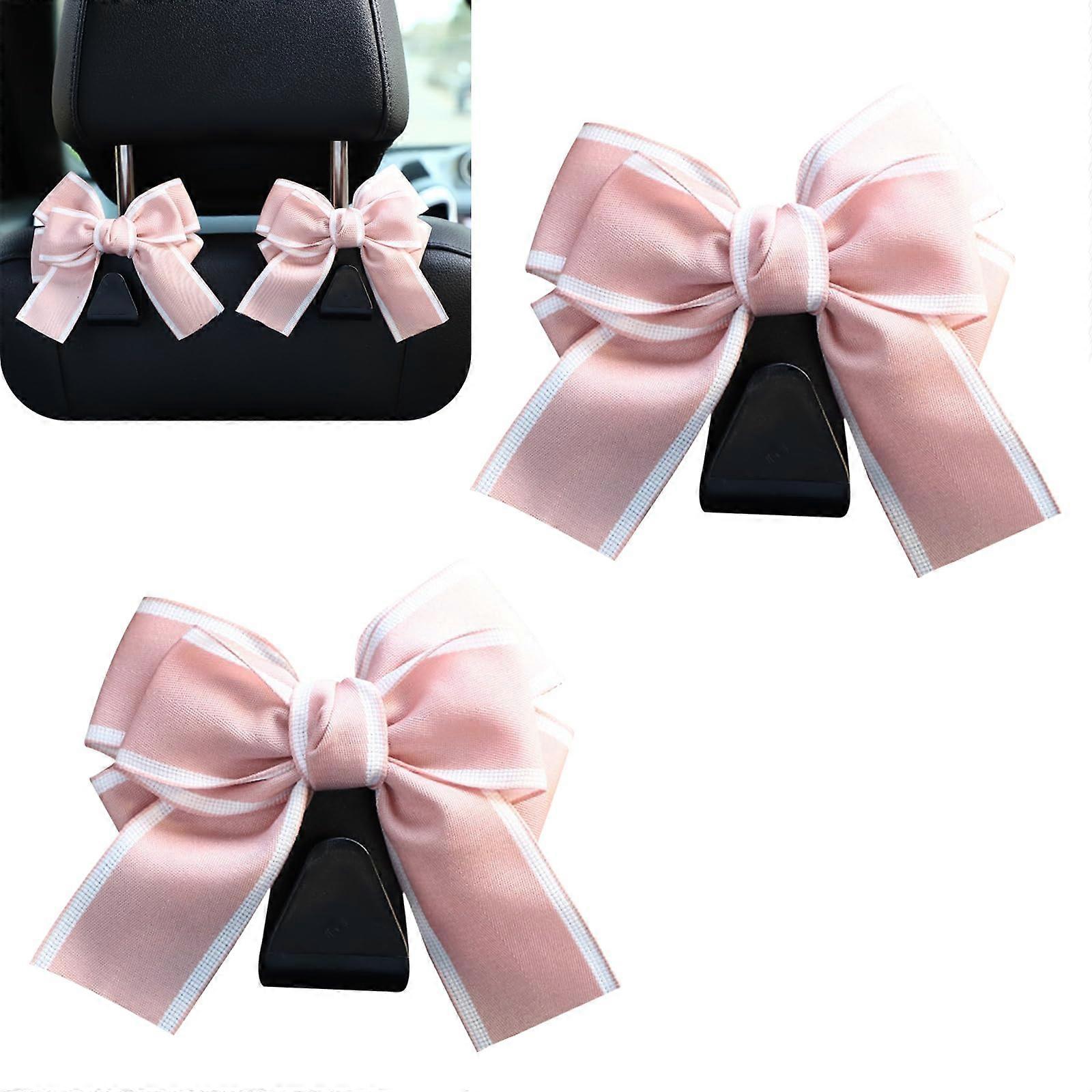 2PCS Car Headrest Hooks with Cute Bow, 360° Rotating Heavy Duty Seat Back Purse Holder, Pink Universal Fit